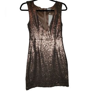TOBI sequin, deep V, mini dress. Size Medium. Bronze color. NWT